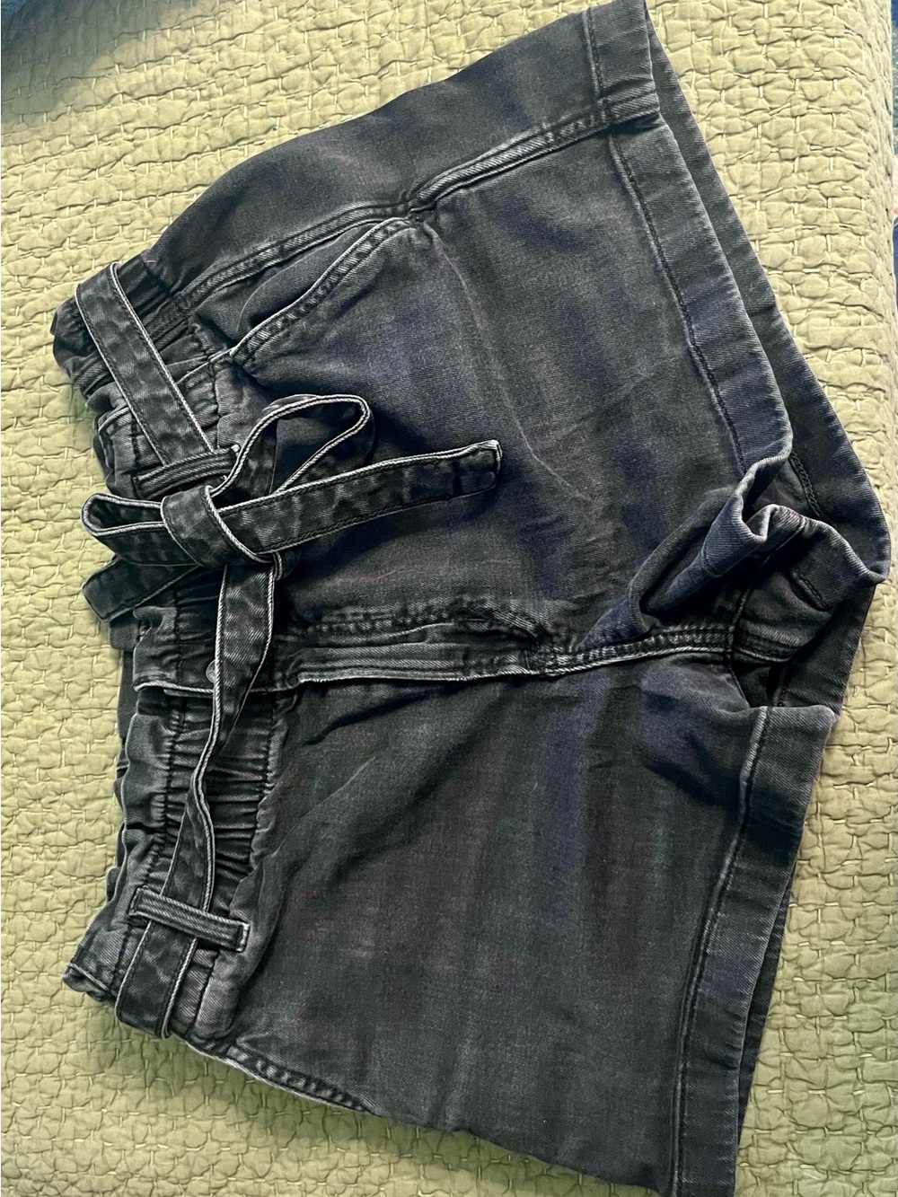 American Eagle Outfitters Washed Black High-Rise Paperbag Denim Shorts